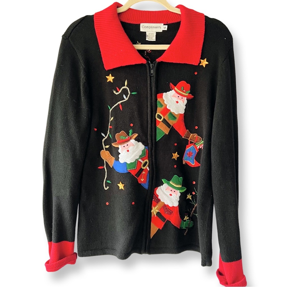 Vintage Christmas Cardigan Cowboy Santa by Compliments S M